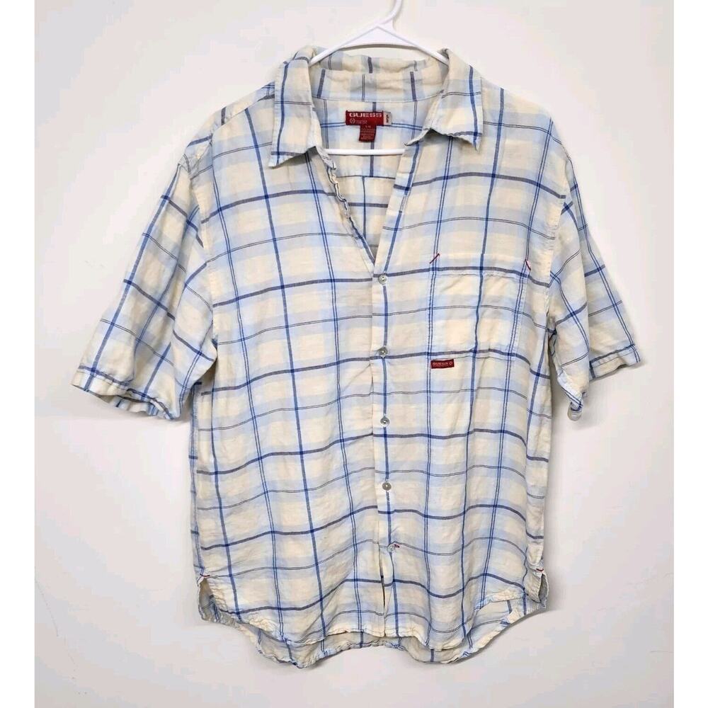 Guess Linen Blend Short Sleeve Button Down Pocket Shirt Men's Large 1368